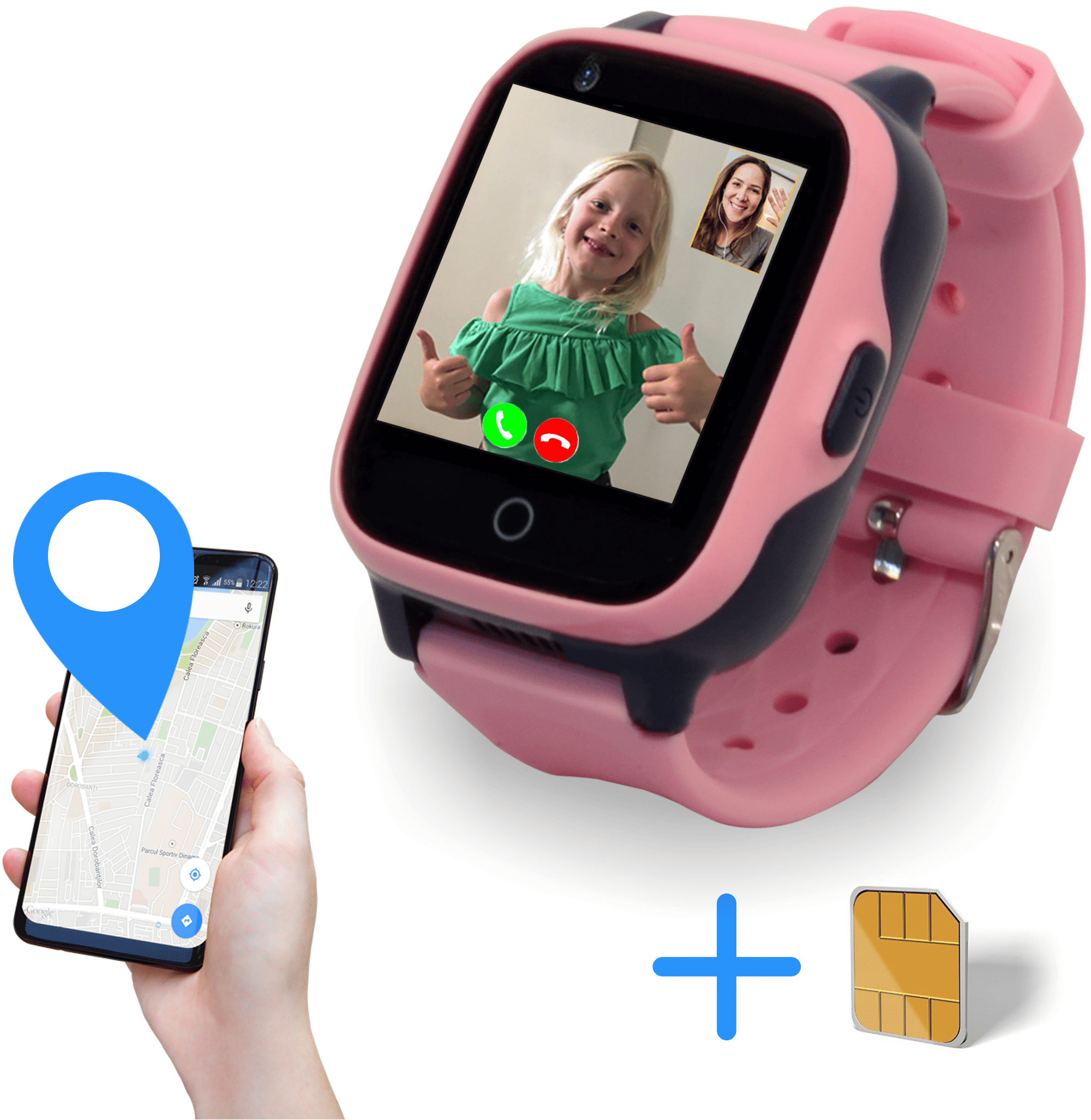 GPS horloge kind roze, smartwatch voor kinderen met simkaart