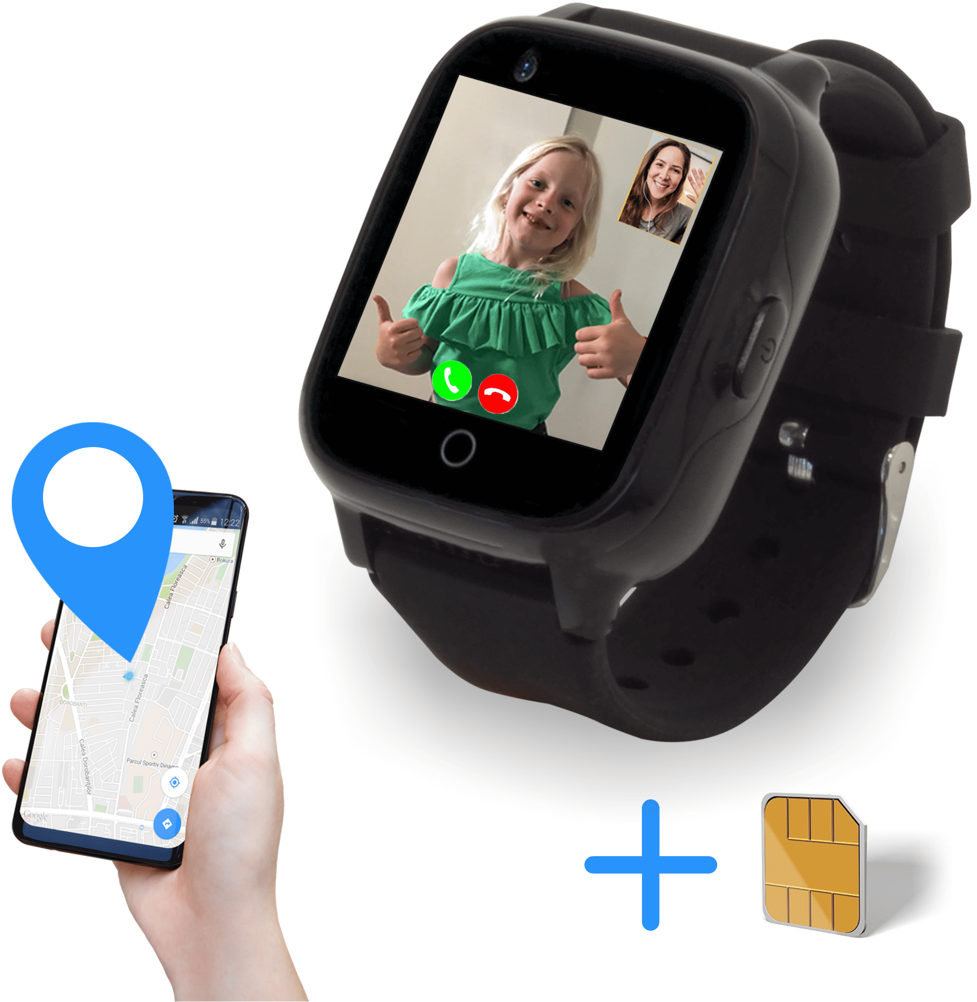 GPS horloge kind zwart, smartwatch voor kinderen met simkaart