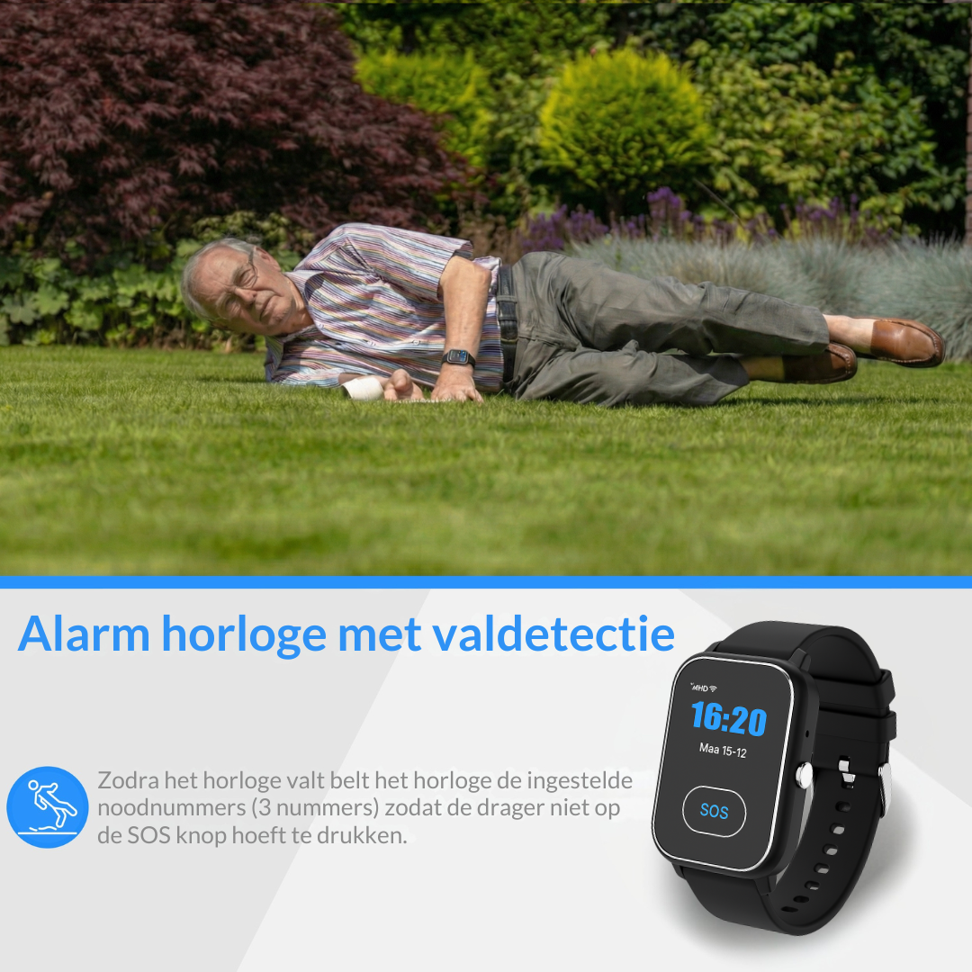 KUUS. S4 Alarmhorloge voor ouderen. SOS horloge zonder abonnement met GPS en valdetectie met extra alarmknop
