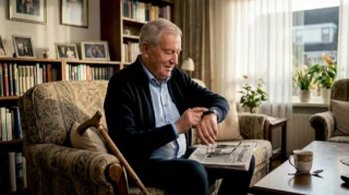 Een oudere man bekijkt zijn gps-horloge terwijl hij thuis zit.