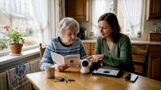 Een oudere dame installeert samen met haar dochter een draadloze camera.