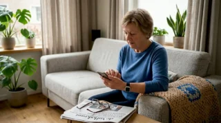 Een oudere dame met een SOS-knop bekijkt haar smartphone.