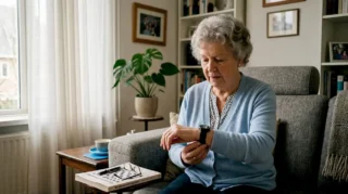 Een oudere dame stelt haar horloge in zodat het een val kan detecteren.