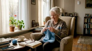 Oudere dame zit in de woonkamer, waar een bewegingssensor is geïnstalleerd.