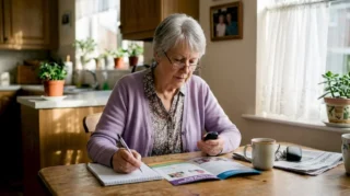 Senior reviewing personal alarm device options