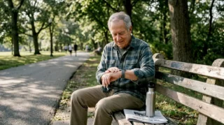 Senior checking GPS watch on park bench