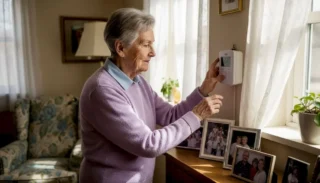 Senior woman installing alarm device in living room