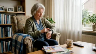 Een oudere dame drukt op de alarmknop in haar woonkamer.