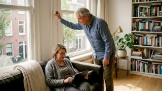 Ouderen bedienen een beveiligingsapparaat in een zonnige woonkamer.