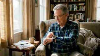 Senior setting alarm on smartwatch at home
