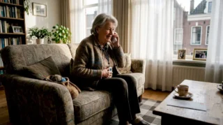 Een oudere vrouw drukt thuis op haar alarmknop voor hulp.