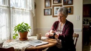 Senior woman putting on GPS watch in kitchen