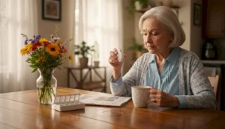 Senior woman checks mobile alarm at kitchen table