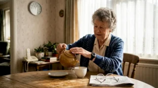 Elderly woman wearing wrist alarm making tea