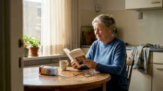 Oudere leest ontspannen in de keuken, terwijl de sensor duidelijk zichtbaar is.