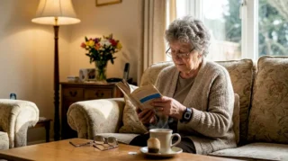 Een oudere dame zit thuis rustig te lezen, terwijl ze een alarmhorloge om haar pols draagt.