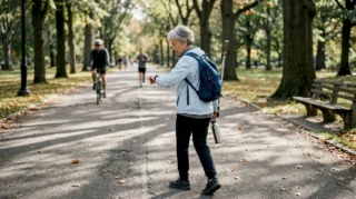Senior woman checks GPS watch while walking
