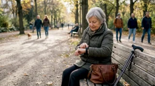 Eine ältere Dame testet ihre GPS-Uhr auf einer Parkbank.