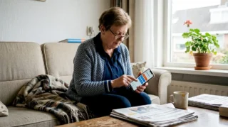 Een oudere bekijkt een veiligheidsapp op zijn telefoon in de woonkamer.