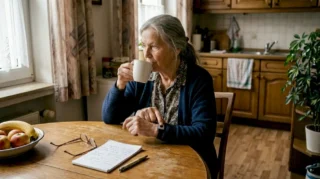 Eine ältere Dame sitzt am Küchentisch und löst den Alarm ihres Notfallarmbands aus.