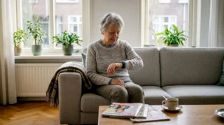 Een oudere dame bekijkt geïnteresseerd haar horloge met valdetectie.