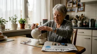 Een oudere vrouw bekijkt thuis de gegevens op haar gps-horloge.