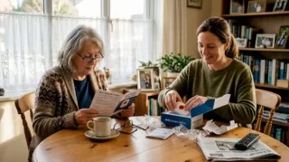 Senior and daughter begin setting up alarm device