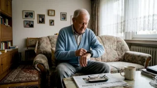 Ein älterer Herr prüft zu Hause die Anzeige seiner GPS-Uhr.