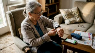 Eine ältere Dame legt sich im Wohnzimmer ihre GPS-Armbanduhr an.