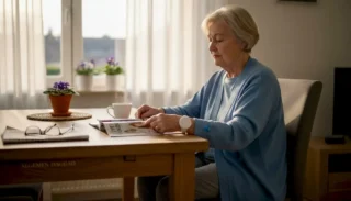 Een oudere dame drukt thuis op haar alarmknop voor hulp.