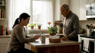 Caregiver checks GPS alert as senior tends plant