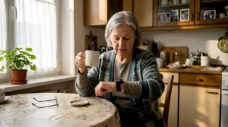 Ein Senior sitzt am Küchentisch und nimmt eine GPS-Armbanduhr genauer unter die Lupe.