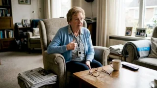 Oudere dame maakt gebruik van een personenalarm thuis