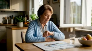 Eine ältere Dame prüft ihr GPS-Notfallarmband.