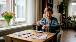 Een oudere dame zit thuis en draagt een alarmhorloge voor extra veiligheid.