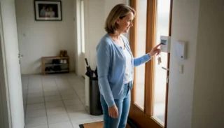 Vrouw zet alarmsysteem bij de voordeur in