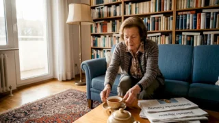 Eine ältere Dame greift im Wohnzimmer nach ihrer Teetasse.