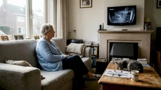 Een oudere vrouw houdt via het beeldscherm een oogje in het zeil op de beveiliging van haar huis.