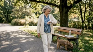 Eine ältere Frau überprüft beim Spaziergang im Park die Daten auf ihrer GPS-Uhr.