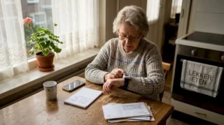 Een oudere dame zit aan de keukentafel en activeert haar alarm.