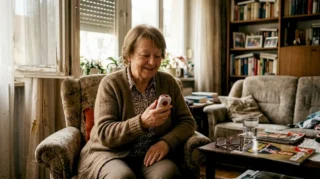 Eine ältere Dame testet ihr Navigationsgerät im Wohnzimmer.