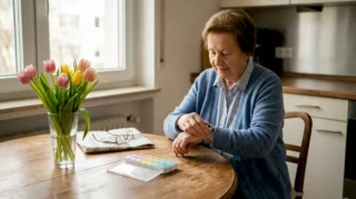 Eine ältere Dame sitzt am Küchentisch und legt sich eine GPS-Uhr um das Handgelenk.