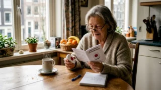 Een oudere vrouw zit aan de keukentafel en stelt haar alarm in.