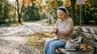 Ein älterer Herr stellt im Park seine GPS-Uhr ein.
