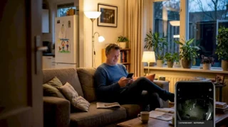 Man bedient beveiligingscamera’s vanuit de woonkamer