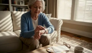 Senior woman pressing SOS button in living room
