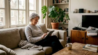 Een vrouw bekijkt en analyseert videobeelden in haar woonkamer.