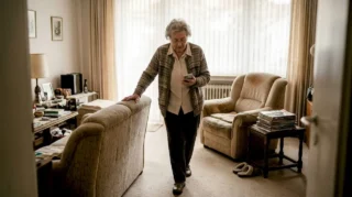 Eine ältere Dame geht behutsam durchs Wohnzimmer.
