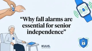 Decorative title card with seniors, alarms, and safety icons