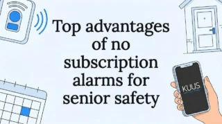Flat vector blog title card with safety alarm, smartphone, house, and calendar